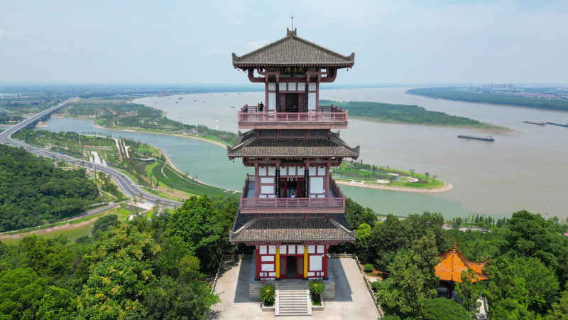航拍湖北鄂州西山风景区武昌楼 