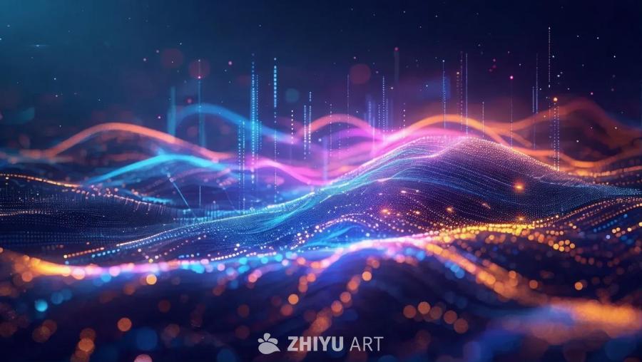 蓝色和橙色光点构成起伏的表面，并向上延伸成柱状结构