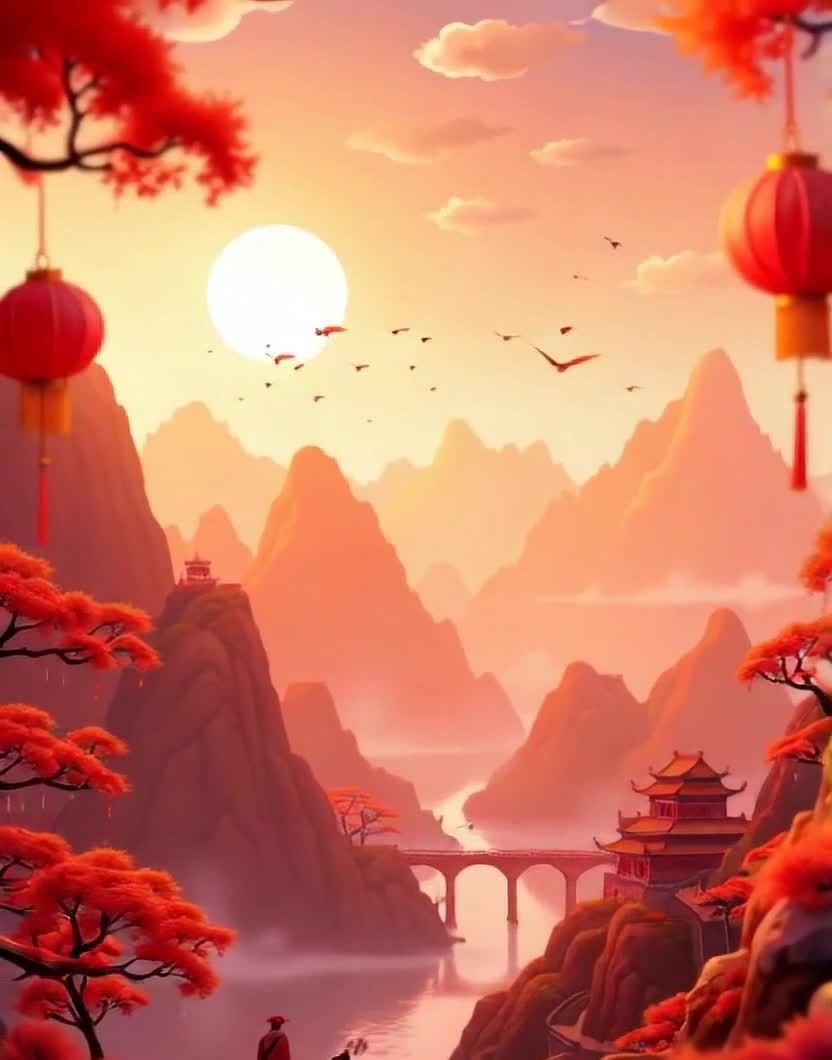 画面描绘了中国风格的风景，呈现出夕阳西下的景象。空
