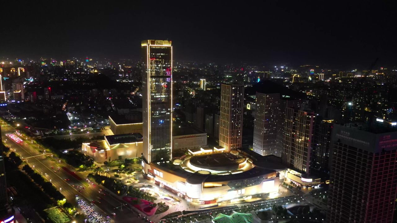  航拍山东济南奥体中心经十路夜景
