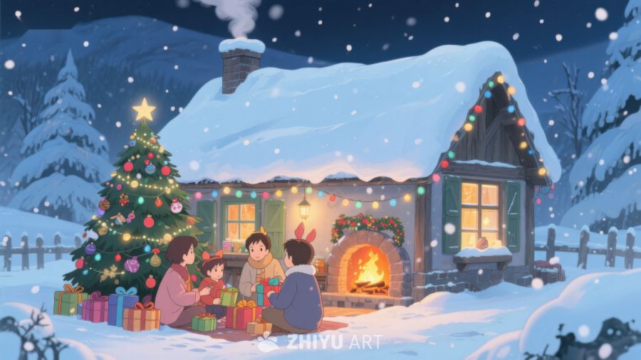 雪夜温馨圣诞树前的家庭时光 423