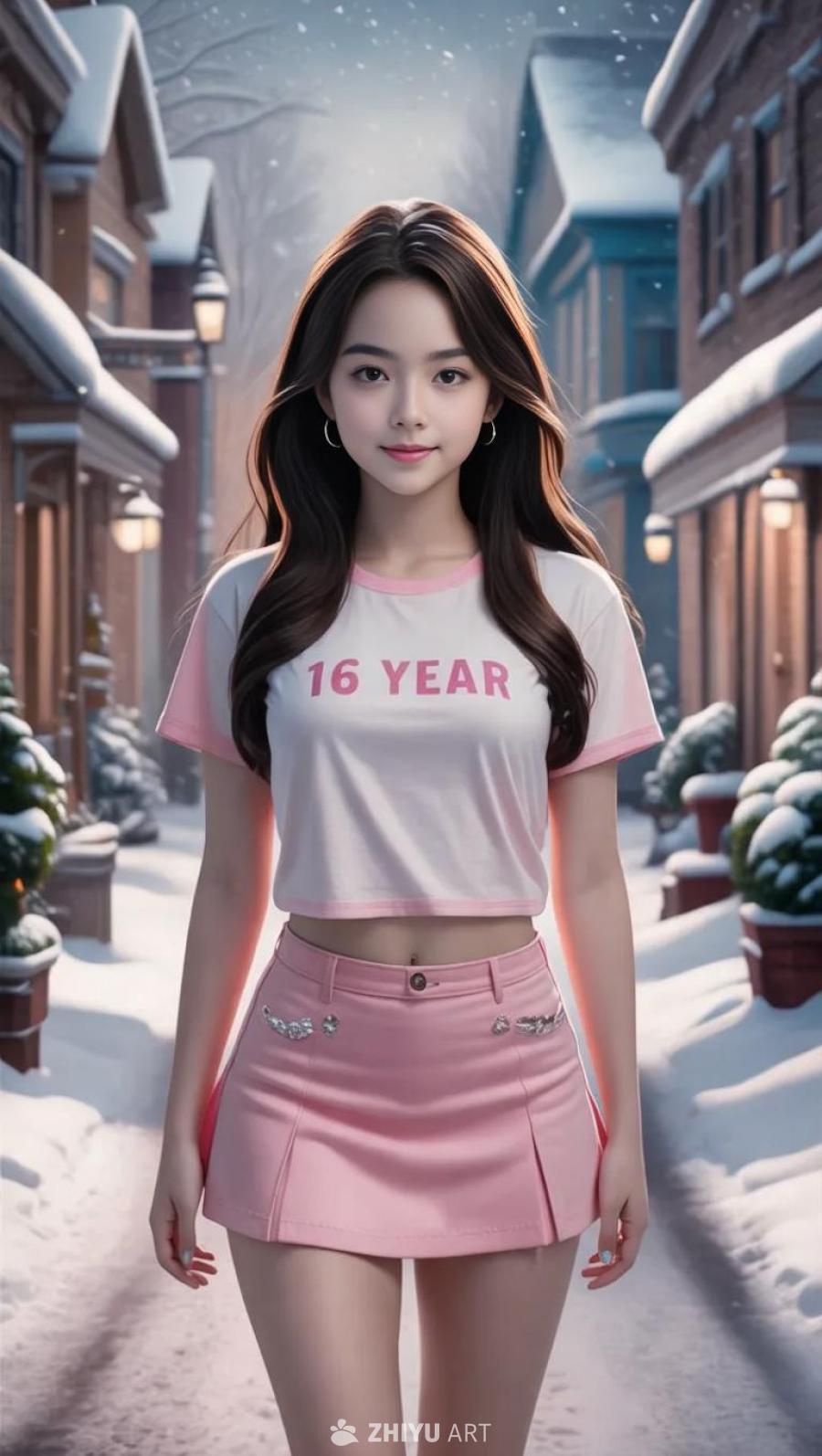 一个穿着粉色短裙和T恤的16岁女孩，有着深棕色的长
