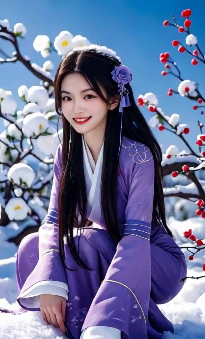 雪地紫衣女子，梅花映衬，眼神望向远方。