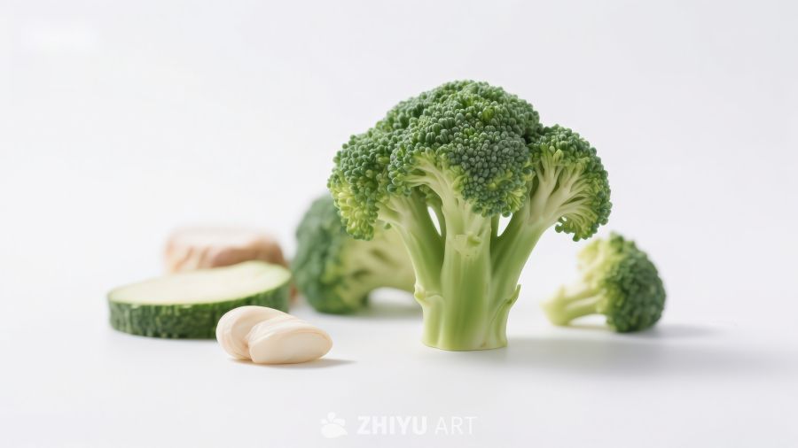 新鲜西兰花与蒜瓣静物