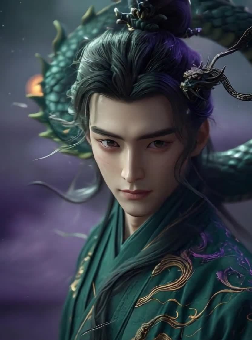 龙角汉服男子，缠绕绿龙，奇幻中国风美学