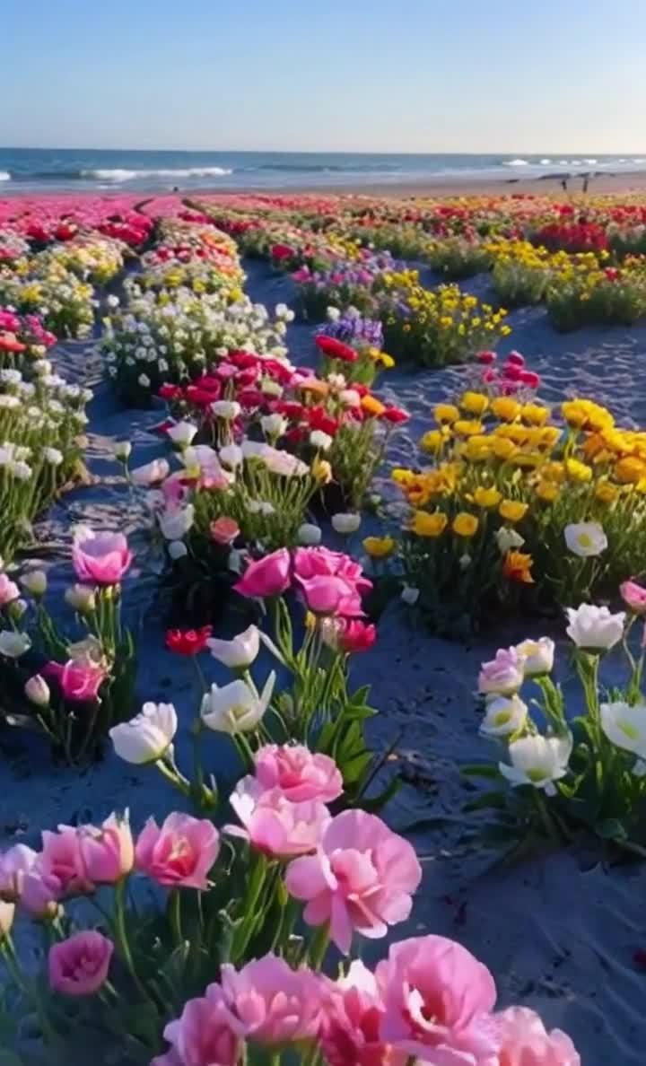 海滩鲜花盛开：各色花朵在沙滩上摇曳生姿