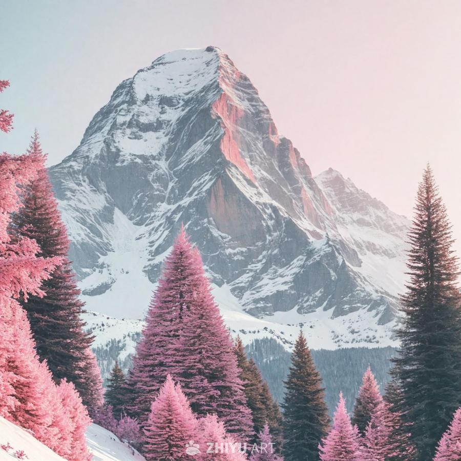 一座雄伟的山峰矗立在白雪覆盖的景观之上，山顶覆盖着
