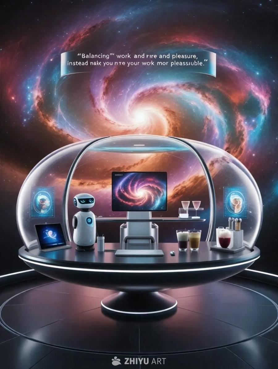 一个漂浮的玻璃舱工作站悬停在充满活力的星云之上，提