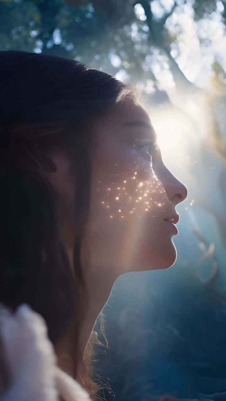 一位女性的侧脸，她的脸颊、鼻子和眉毛附近有金色的闪