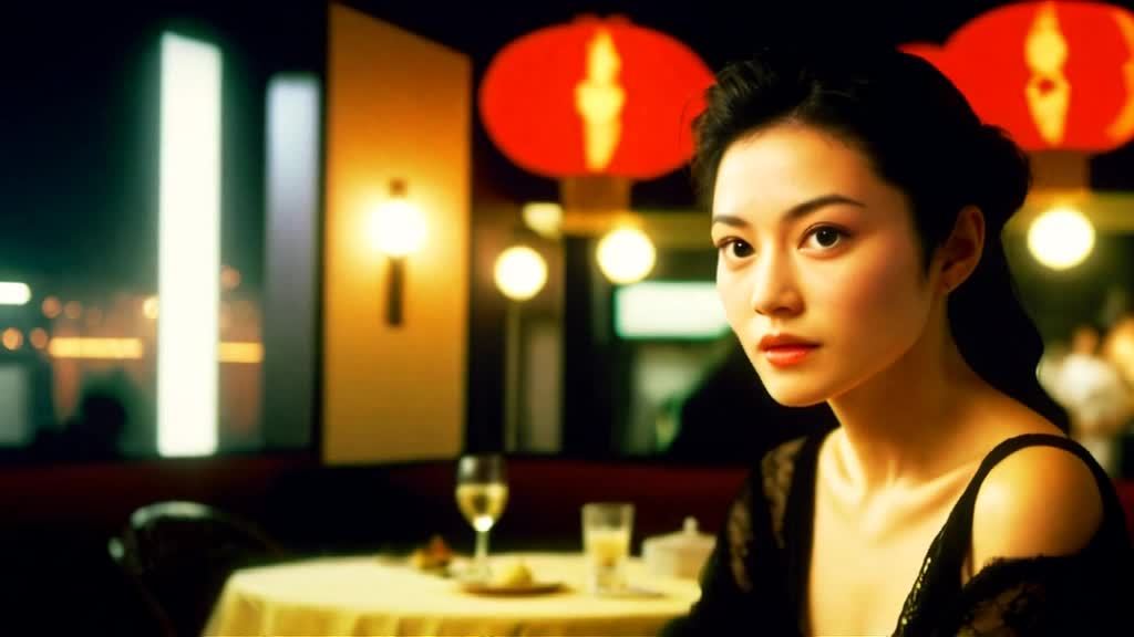 一位穿着黑色蕾丝上衣的女子坐在豪华餐厅里，正对着观