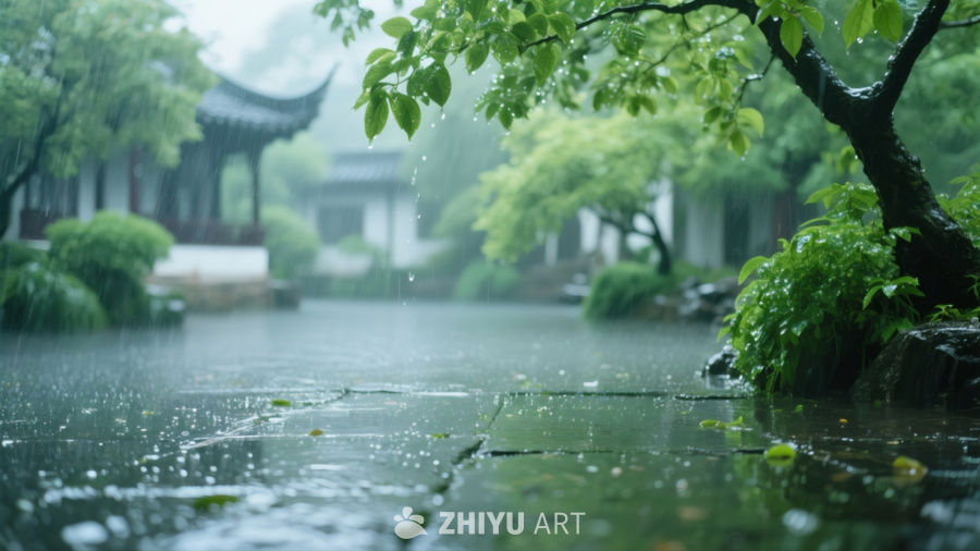 春雨，苏州园林，嫩绿的树叶 1