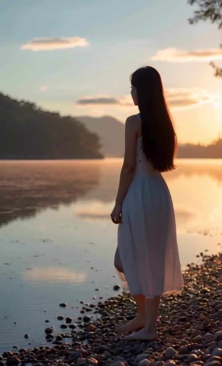 一名女子站在湖边，长发披肩。她穿着一件白色的连衣裙