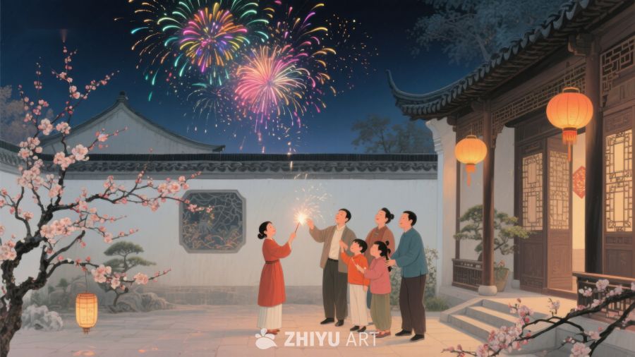 夜空烟花下，家庭欢聚庭院 1213