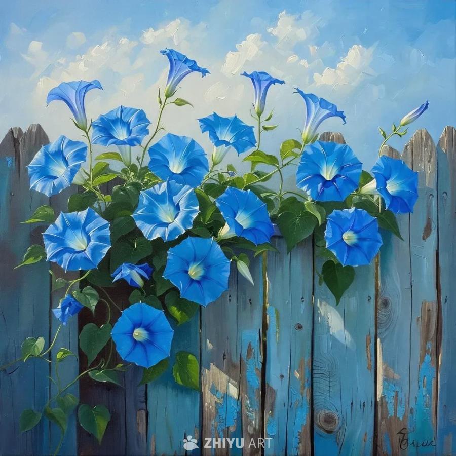 一幅中等尺寸的画作，画中蓝色牵牛花缠绕在围栏上，背
