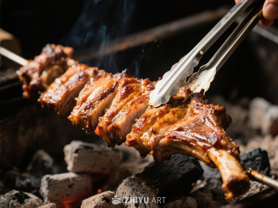 烤肉串在炭火上翻转