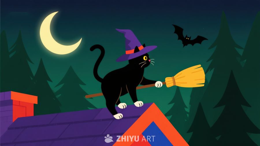 黑猫巫师帽骑扫帚夜景