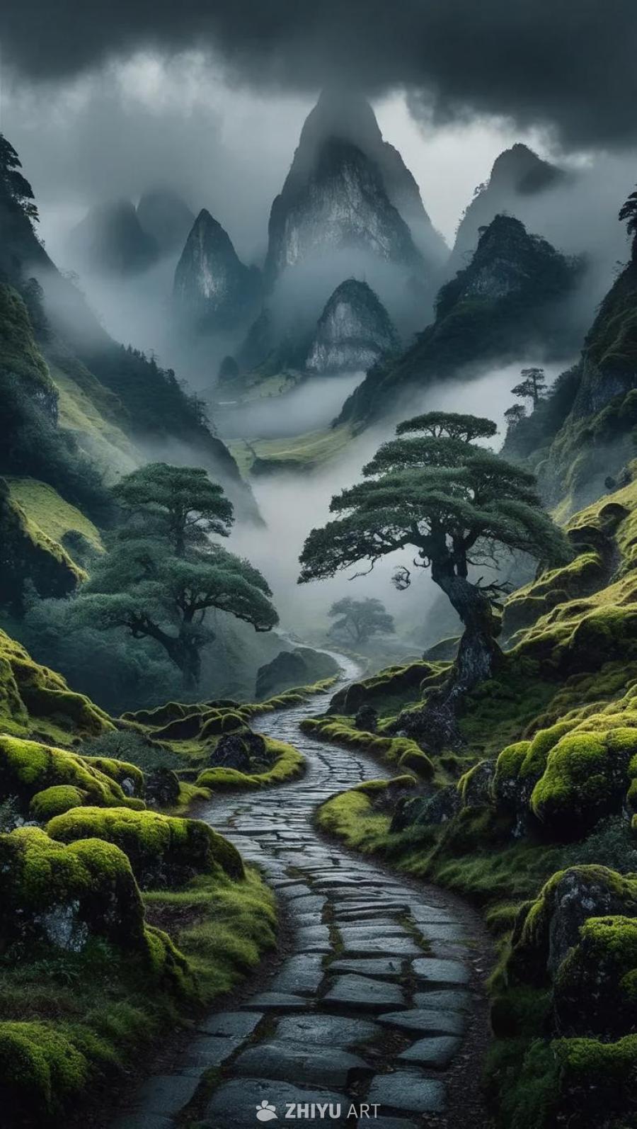 雾气笼罩的山地，显露出被浓厚而飘渺的薄雾笼罩的巍峨