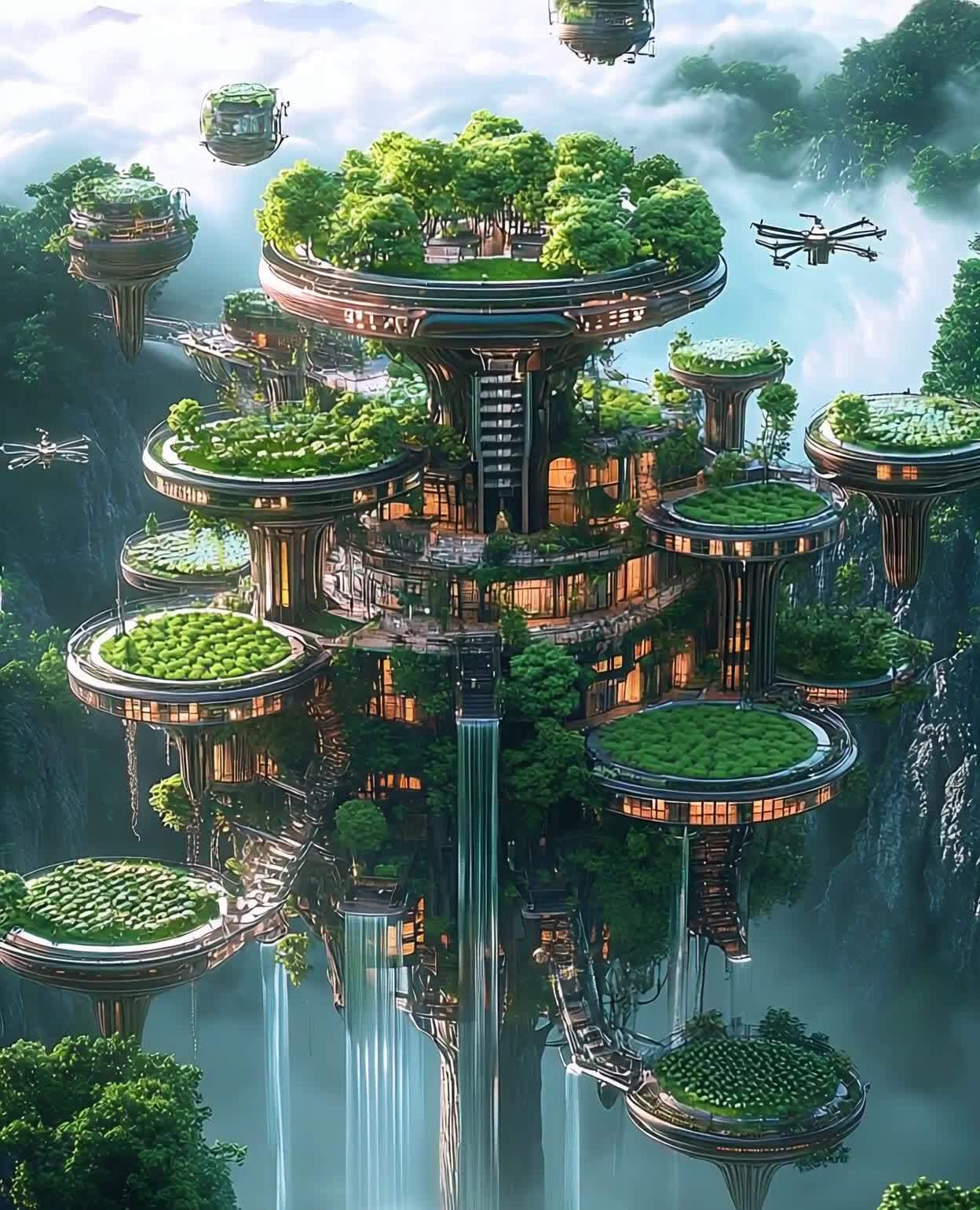 画面中呈现出一个未来生态树屋城市，其中心是一个巨大