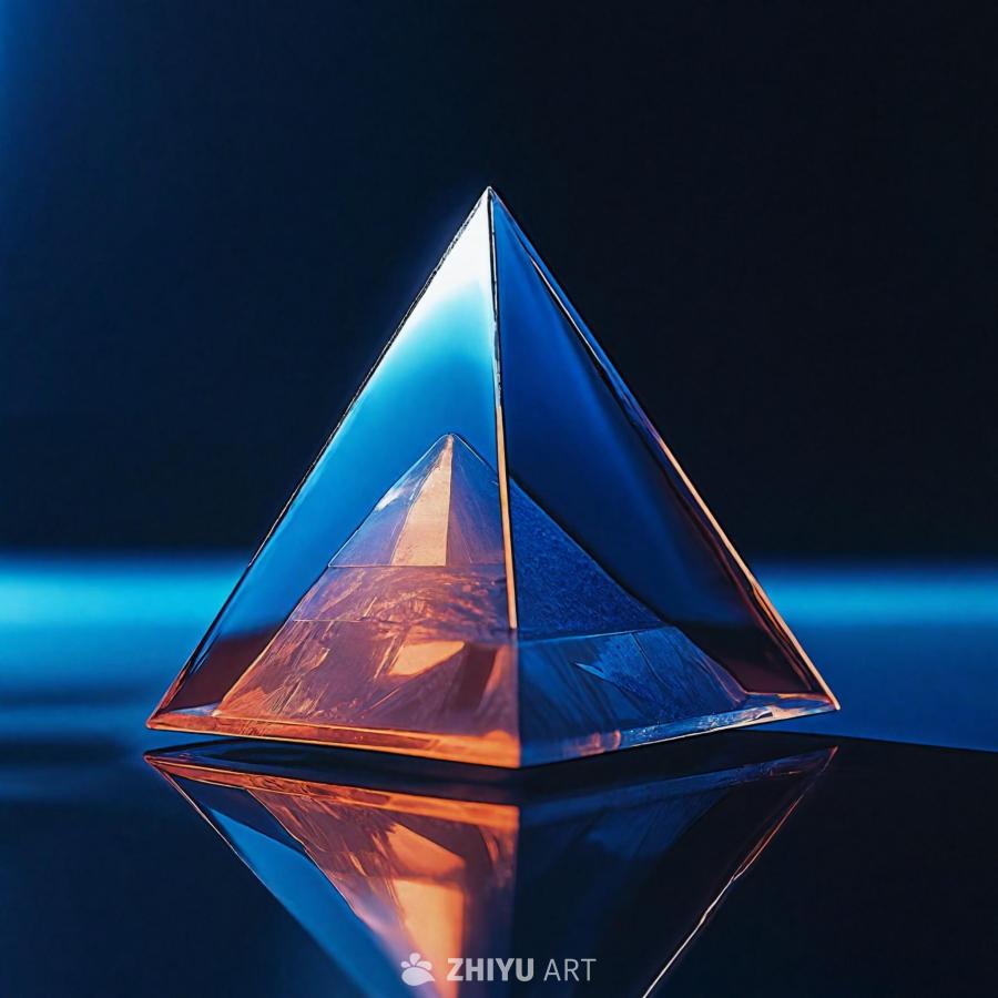 图片中有一个制作精美的玻璃金字塔，它放置在深蓝色背