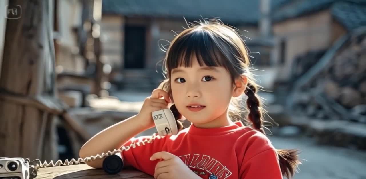 阳光下的小女孩拿着电话，背景是古朴的房屋