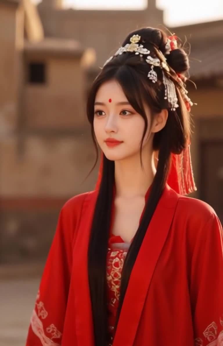 红衣古装女子侧颜，长发发饰，红点额饰。