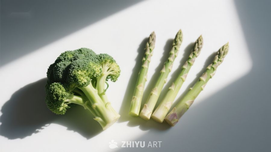 新鲜西兰花与芦笋的光影展示
