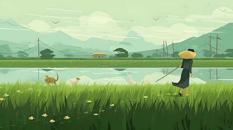妇女站在稻田与狗，绿色插画风格 21