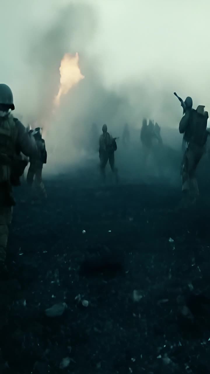 士兵们在战场上激烈交战：手持武器，动态运动：紧张的