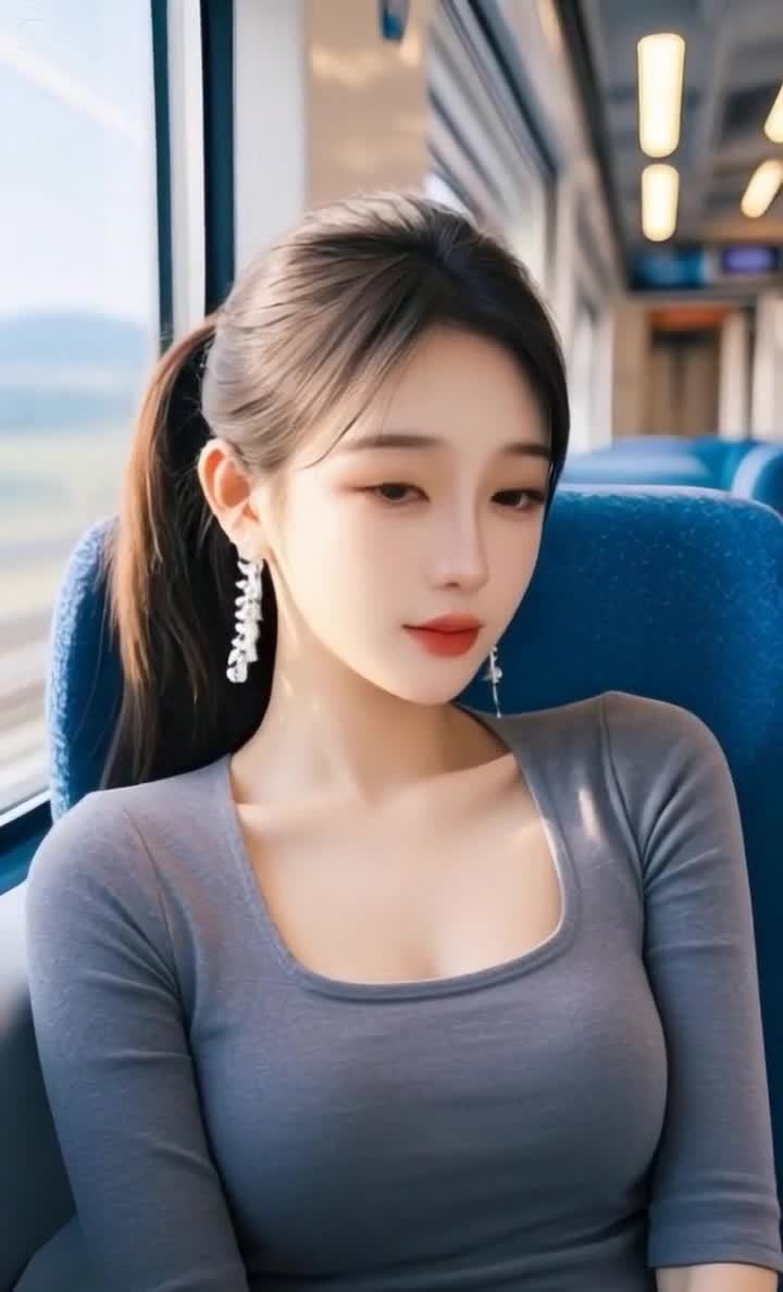 火车上的微笑女子，棕发马尾，银耳饰。