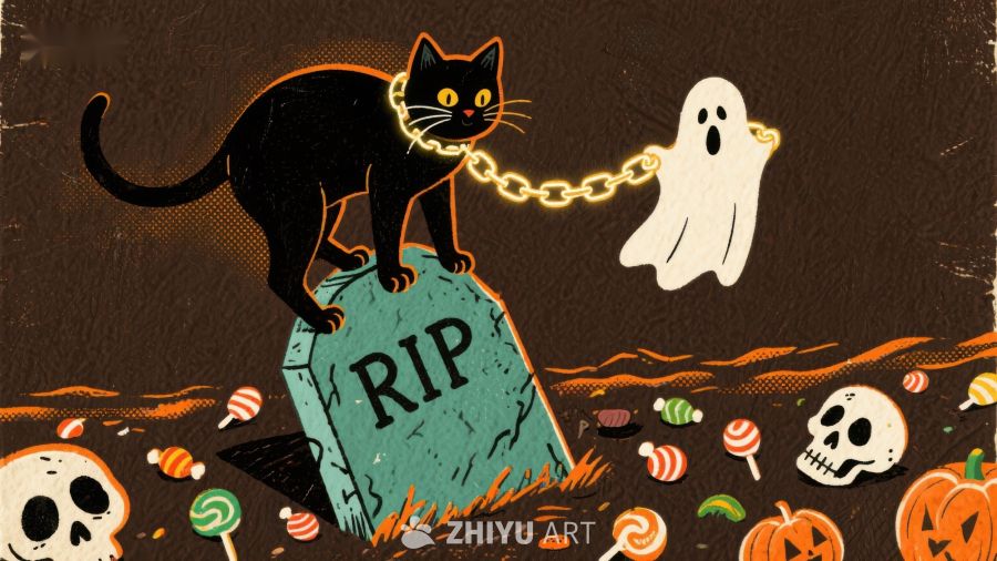 万圣节黑猫与幽灵的墓碑奇遇