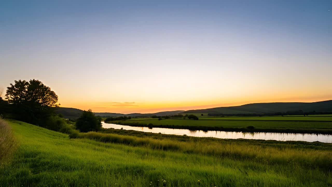 夕阳时分，平缓的丘陵、田野和一条平静的河流呈现出宁