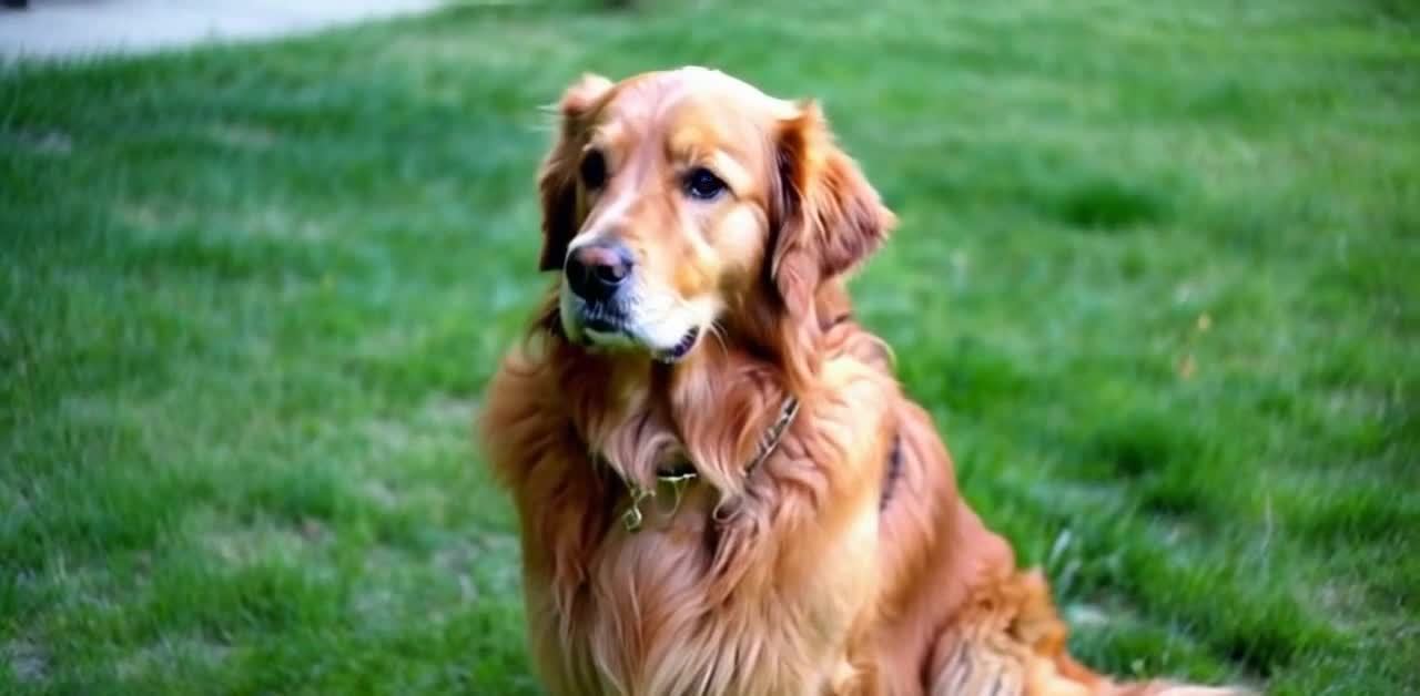 草地上回头看的成年金毛犬