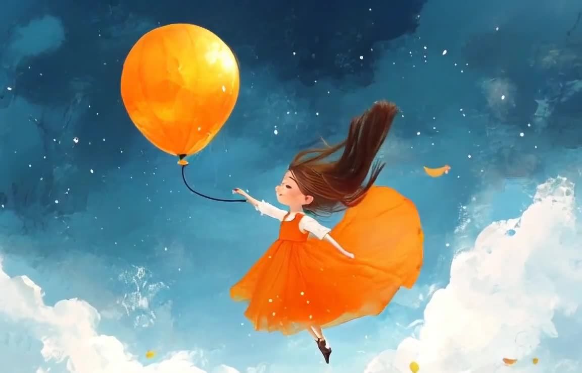 一个女孩在空中漂浮，她穿着橙色连衣裙，头发在空中飞
