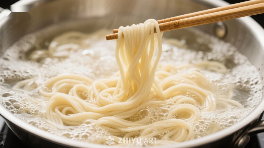 沸水中用筷子夹起面条