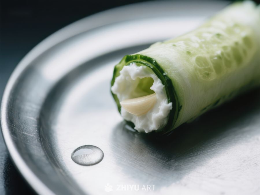 黄瓜卷配奶油，置于金属盘上 293