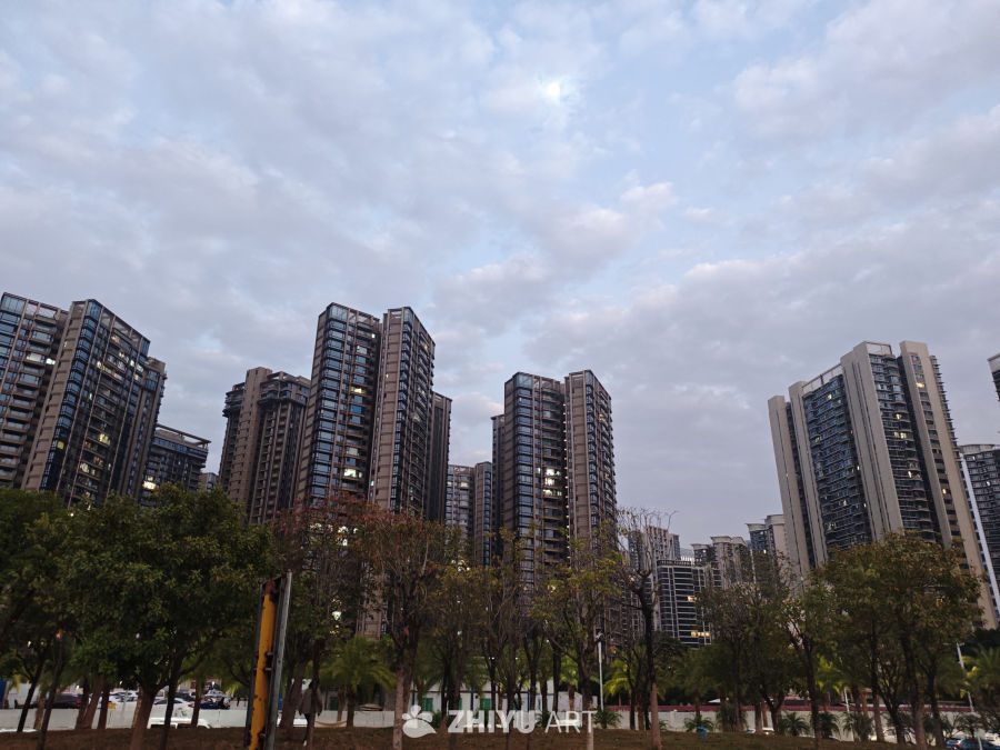 城市高楼与绿树相映