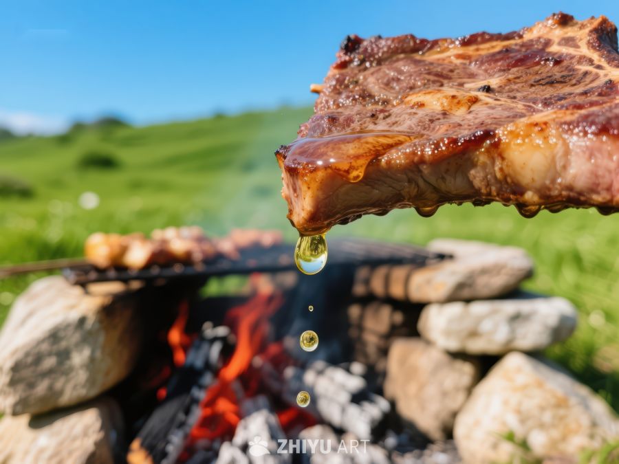 户外烧烤：美味肉排滴油瞬间