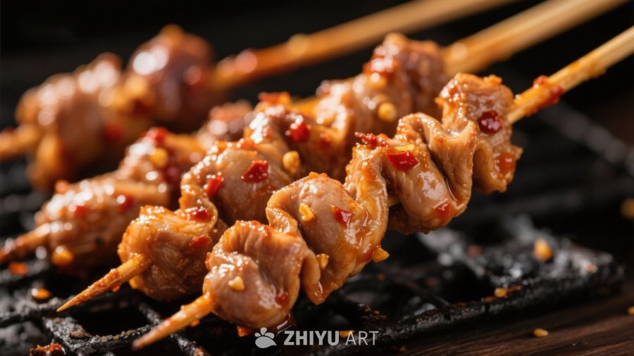 烤肉串上的美味鸡肉