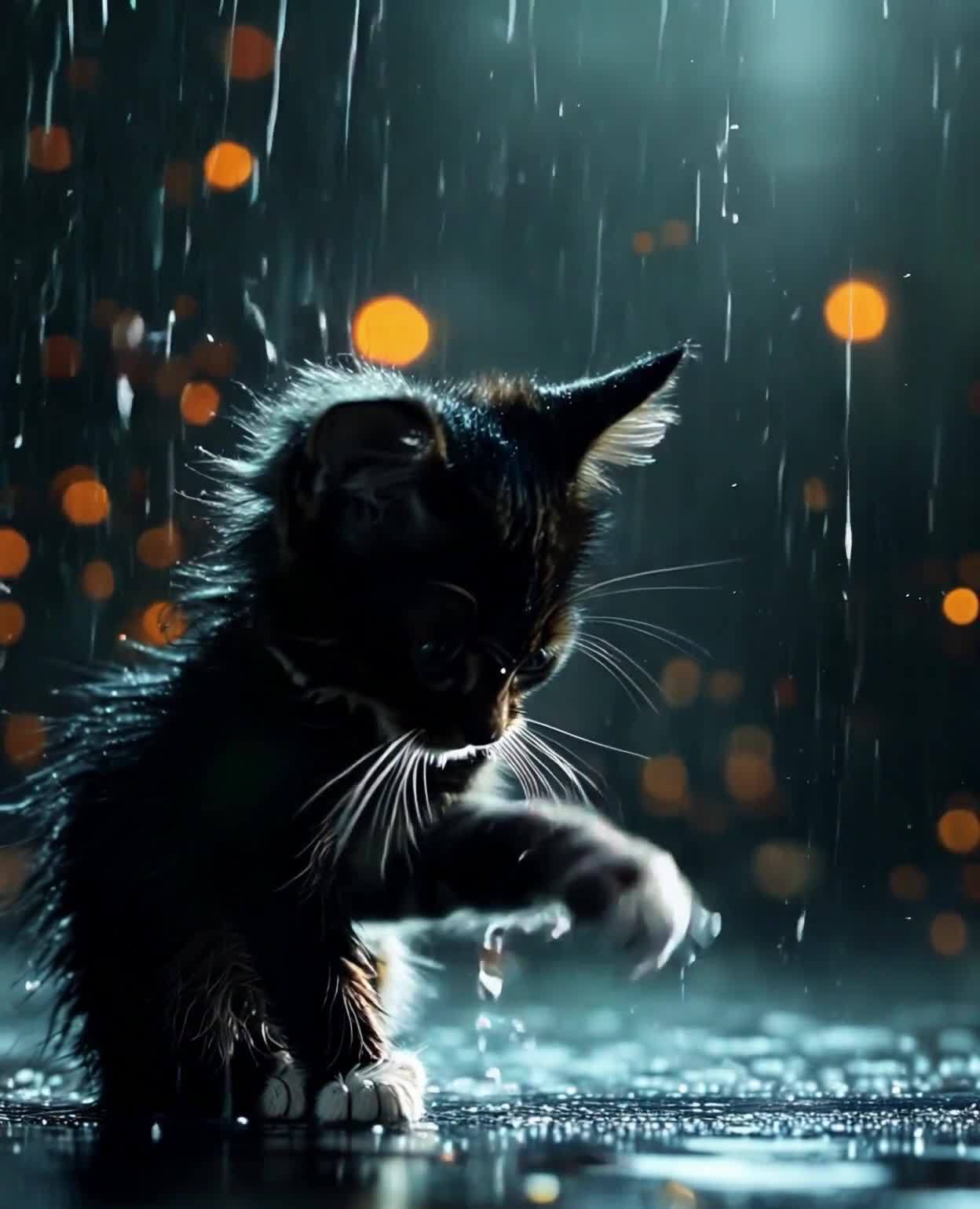雨中蓝眼小猫：湿漉漉的地面与模糊光点