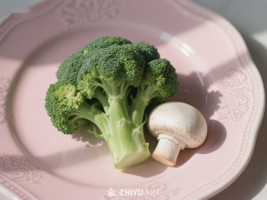 西兰花与蘑菇置于粉色盘中 402