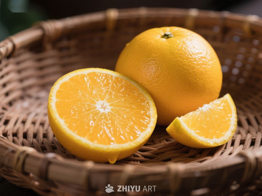 新鲜橙子置于竹篮中 673