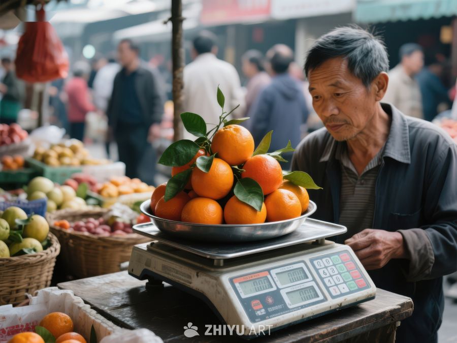 市场摊位上的橙子称重 496