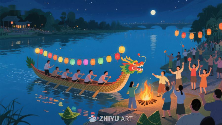 夜景龙舟赛与河畔篝火晚会 410