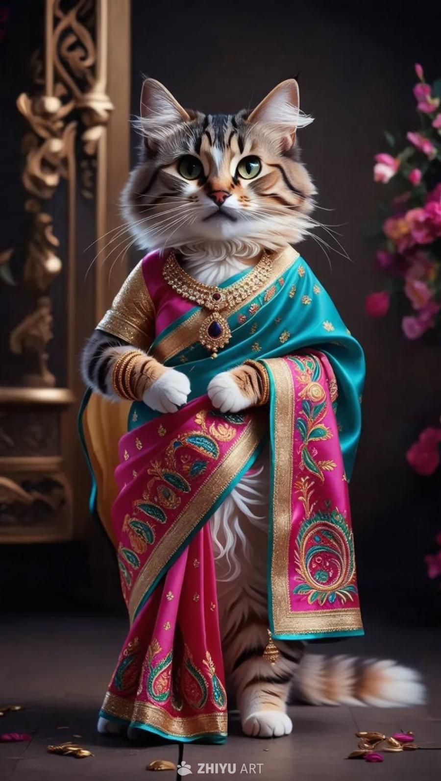 一只猫站立，身穿一件带有复杂设计的鲜艳印度纱丽，配