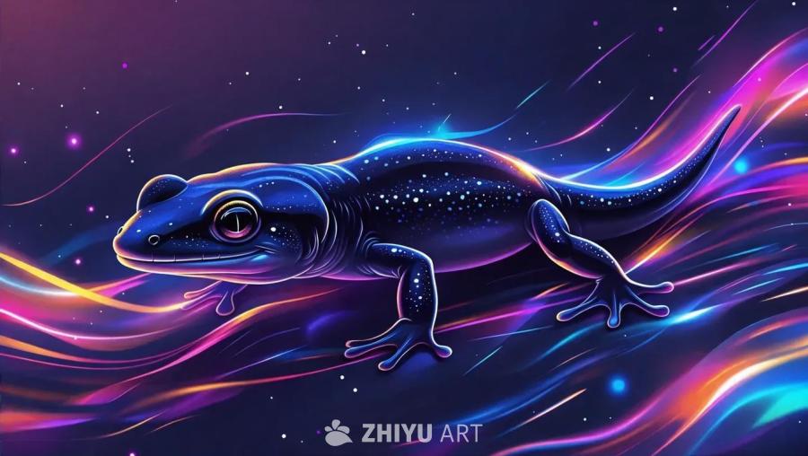 一只深蓝色的蝾螈，身体上有白色斑点，位于深蓝色背景