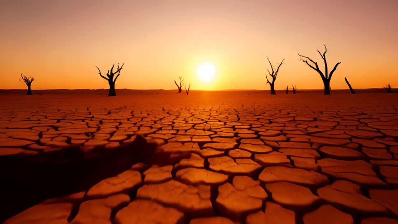 干裂的土地上散落着枯死的树木。太阳正在落下，在天空