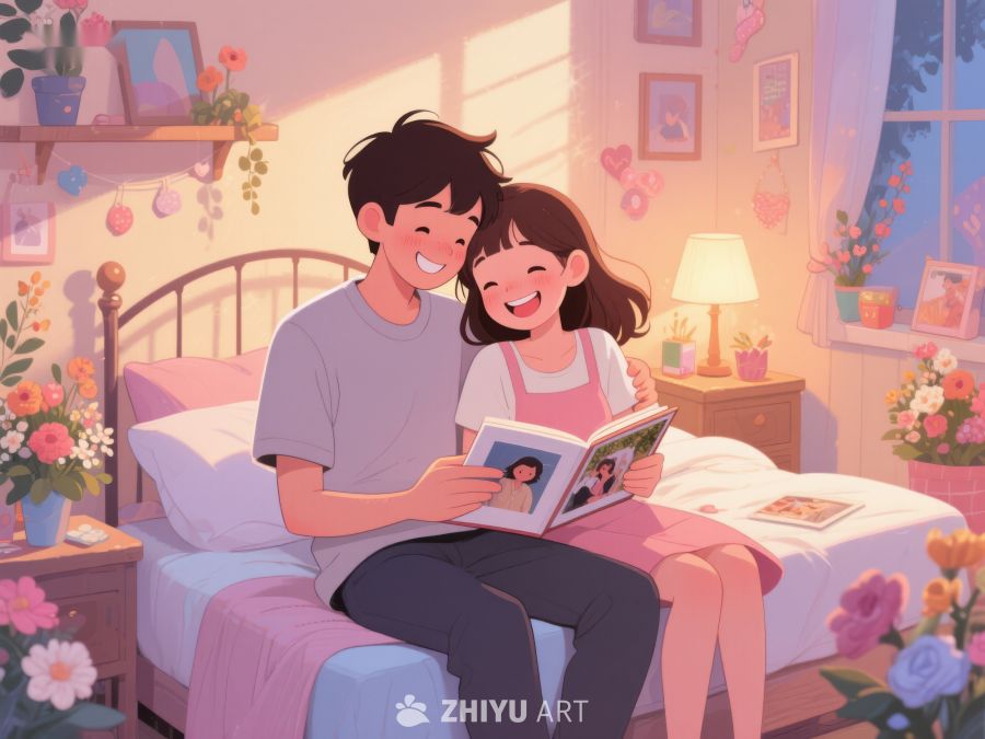 温馨卧室中的一对年轻情侣共读相册 802