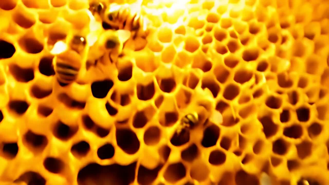 几只蜜蜂在蜂巢上活动，蜂巢呈黄色蜂窝状结构，蜜蜂身