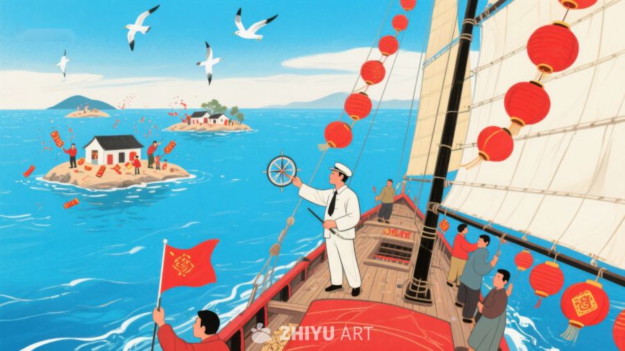 海上帆船与岛屿的和谐景象 329