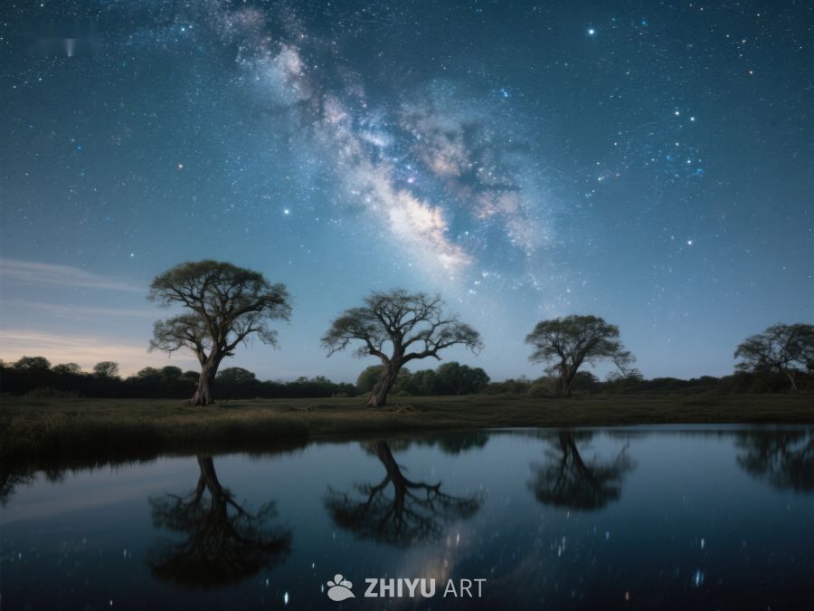 银河映照湖面，树影婆娑夜景 545